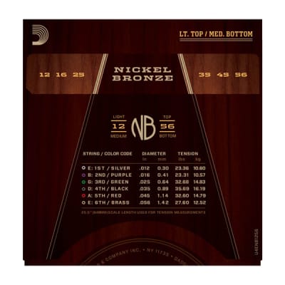 D'Addario Nickel Bronze Acoustic Guitar Strings, Lt. Top/Med. Bottom, 12-56 image 3