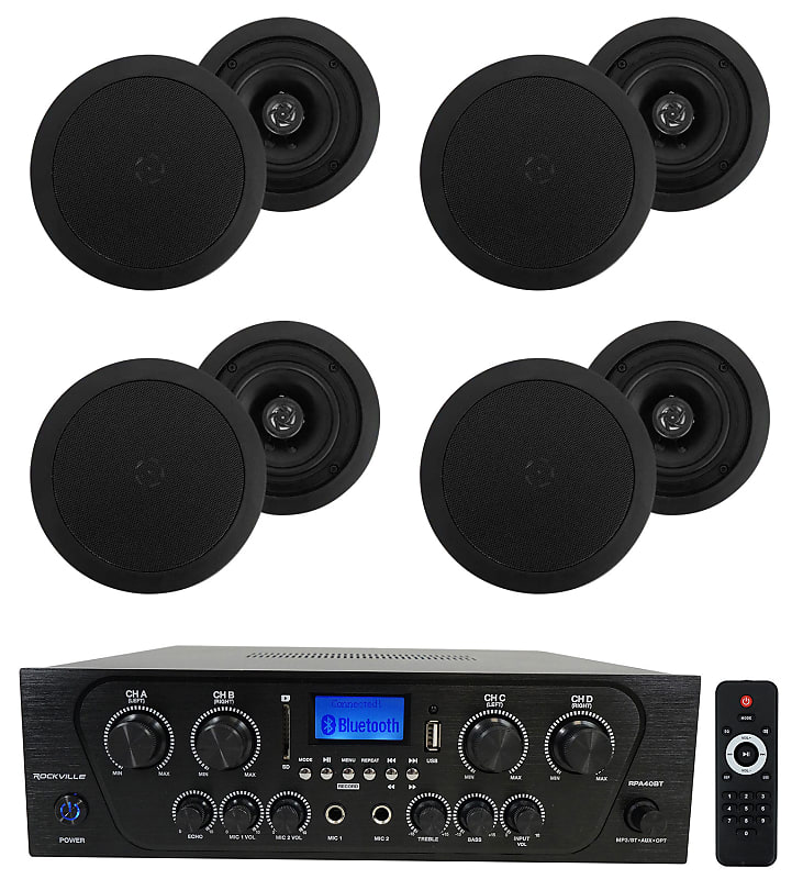 Rockville RPA40BT 4-Room/Zone Home Audio Kit w/Receiver+8 Black Ceiling Speakers  			