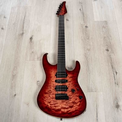 Suhr Custom Modern Carve Top HSH Guitar, Ebony Fretboard, Swamp Ash, Faded Trans Wine Red Burst image 3