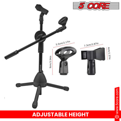 5 Core 360° Double Mic Stand PAIR w Boom Arm Height Adjustable Short Low Profile Microphone Tripod Black Mini Mic Stand with Dual Mic Clip Holders MS DBL S 2 Pcs image 3