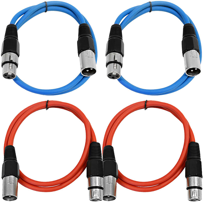 4 Pack of XLR Patch Cables 3 Foot Extension Cords Jumper - Blue and Red image 1