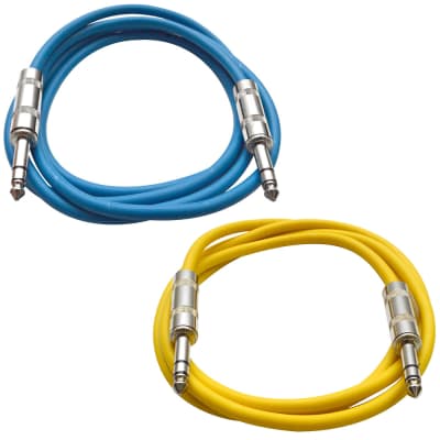 2 Pack of 1/4" TRS Patch Cables 2 Foot Extension Cords Jumper Blue and Yellow image 1