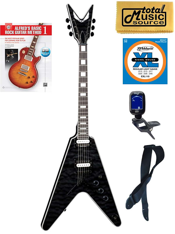 Dean V Select Quilt Top Electric Guitar, Trans Black, V SEL QM TBK, Book Bundle image 1