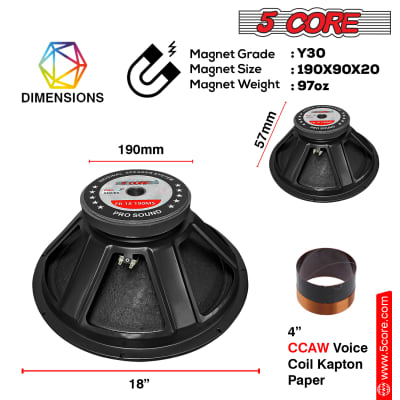 5 Core 18 Inch Subwoofer Speaker 1Pc 1000W PMPO Raw Full Range Speaker 500W RMS 18" Replacement 8 Ohm Pro Audio DJ Sub Woofer w/ 4” CCAW Voice Coil Steel Frame 97 Oz Magnet - FR 18 190 MS image 9