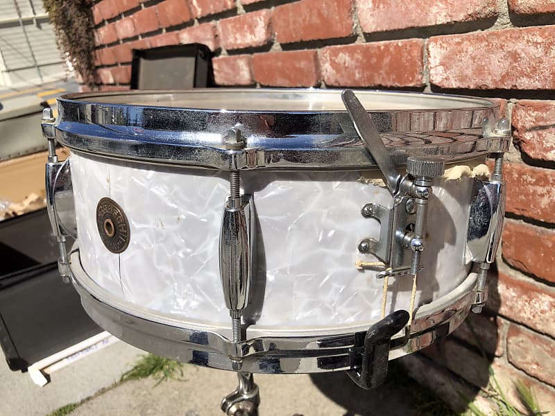 Killer Sounding Gretsch Round Badge Snare Drum, Case & Stand 1950-1969 - White Marine Pearl image 1