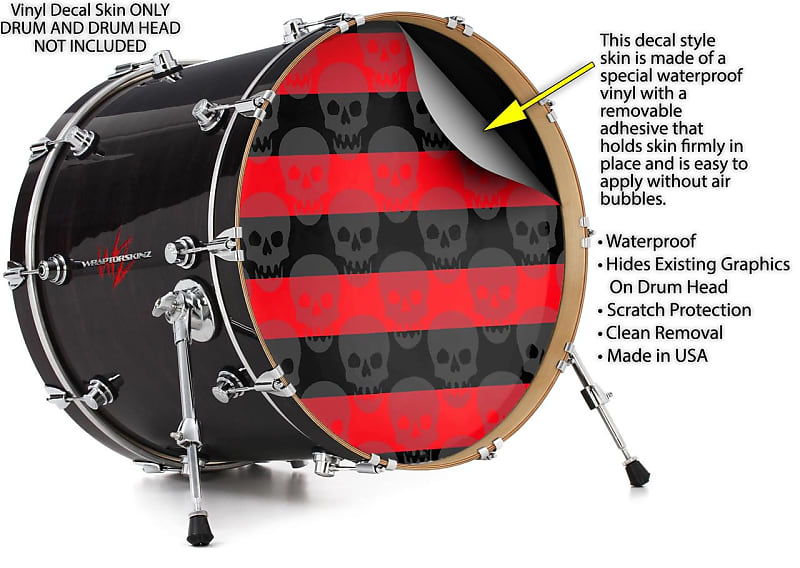 Decal Skin FITS 22 Bass Kick Drum Skull Stripes Red HEAD NOT INCLUDED