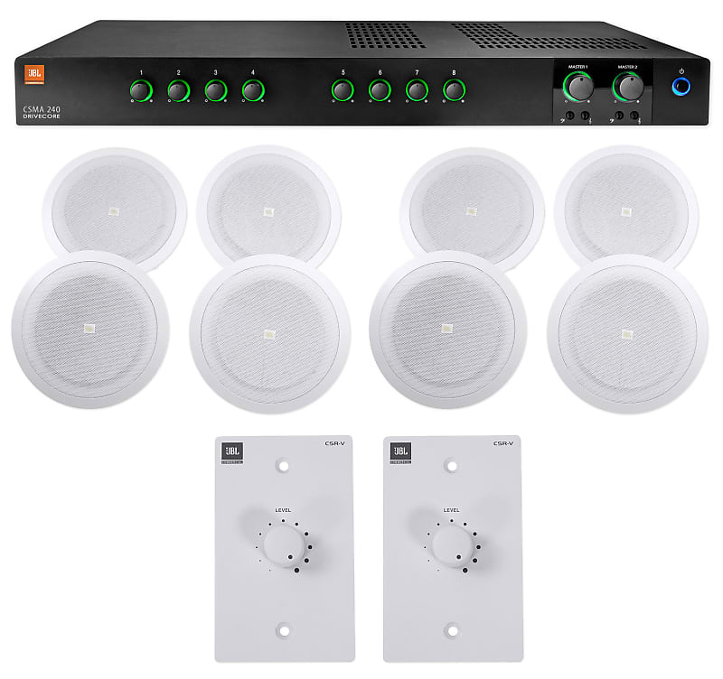 JBL CSMA240 Commercial Amplifier+(8) 8&quot; In-Ceiling Speakers+White Wall Controls  			