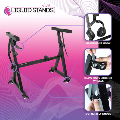 Liquid Stands Z-Style Adjustable Height Piano Keyboard Stand with Straps, Headphone Holder, and Wheels - Fits 54-88 Key Electric Pianos (Black) image 4