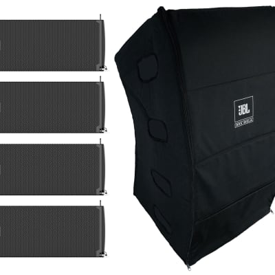 (4) JBL SRX910LA Dual 10" Powered Line Array Column Speakers + Transport Cover image 1