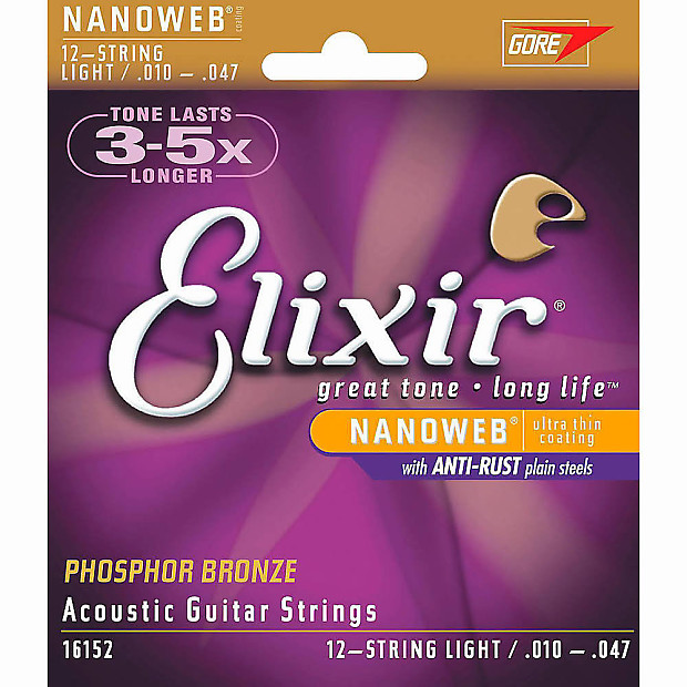 Elixir 16152 Nanoweb Phosphor Bronze 12 String Acoustic Guitar Strings - Light (12-53) image 1