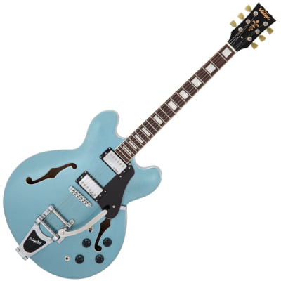 Vintage VSA500B ReIssued Semi Acoustic Guitar w/Bigsby ~ Gun Hill Blue image 3