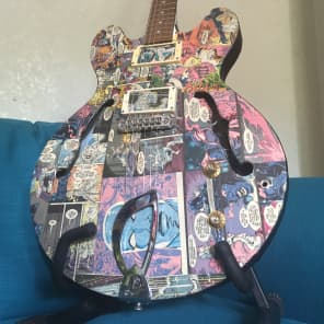 Old Antoria Guitar covered in 80's Sliver Surfer Comics, no pickups, worn frets. PROJECT image 5