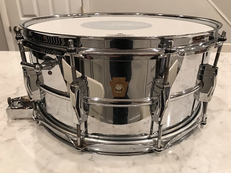 Ludwig No. 411 Super-Sensitive 6.5x14" Chrome Over Brass Snare Drum with Keystone Badge 1960 - 1963 image 5