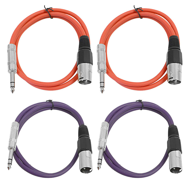 4 Pack of 1/4 Inch to XLR Male Patch Cables 3 Foot Extension Cords Jumper - Red and Purple image 1