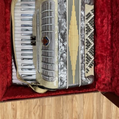 1955 Emenee Gold Piano Toy Accordion in Original Box no 405 - Ruby