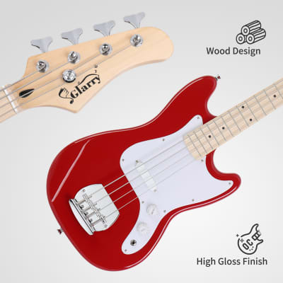 Glarry 4-String 30in Short Scale Thin Body GB Electric Bass Guitar with Bag Strap Connector Wrench Tool 2020s - Red image 6