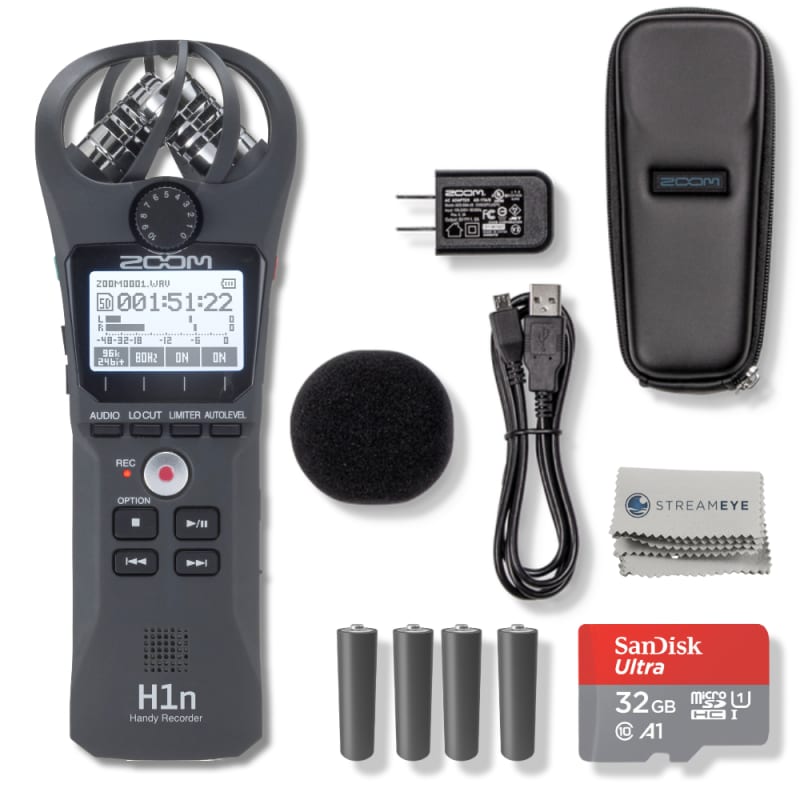 Zoom H1n-VP Portable Handy Recorder with Windscreen, AC Adapter, USB Cable  & Case (Black) Bundle with PowerDeWise Pro Lavalier Mic Clip, 32GB Memory  Card and AA Alkaline Batteries Pack