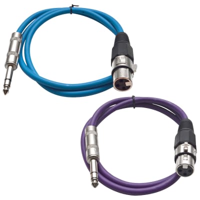 2 Pack of 1/4 Inch to XLR Female Patch Cables 2 Foot Extension Cords Jumper - Blue and Purple image 1