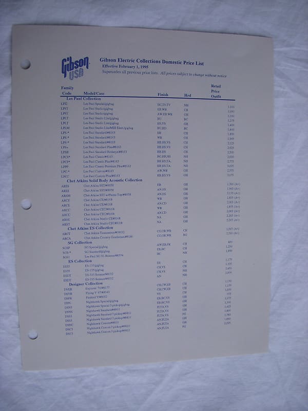 1995 February Gibson Guitar Price List | Reverb