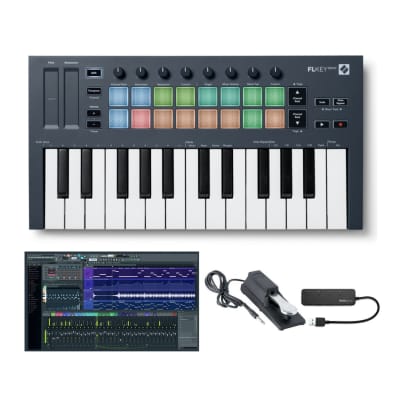 Novation FLkey Mini 25-Key MIDI Keyboard Controller for FL Studio Bundle with 20 Signature Bundle, Sustain Pedal and 4-Port USB 3.0 Hub