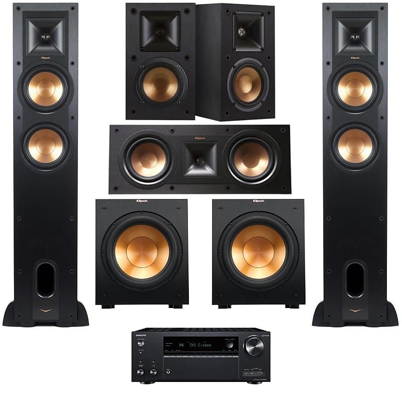 Klipsch Klipsch Reference 5.1 Home Theater System, Bundle with 2X R-26FA Floorstanding Speaker, 2X R-41M Bookshelf Speaker, R-25C Center Channel Speaker, R-12SW Subwoofer, Onkyo TX-NR696 7.2 Receiver  			
