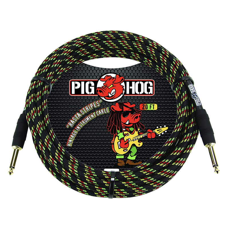 Pig Hog "Rasta Stripes" Vintage Woven Instrument Cable - 10 FT Straight 1/4" Plugs (PCH10RA), Reggae image 1