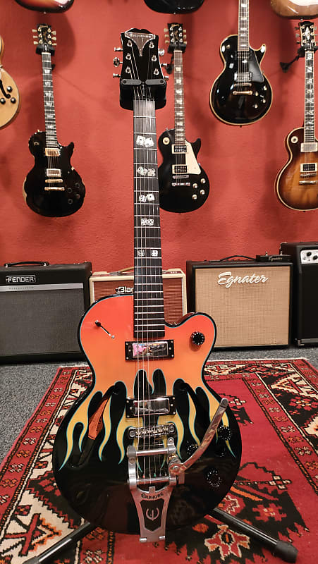 ギター Epiphone Flamekat Ebony Flame Graphic Epiphone Flamekat Semi-Hollowbody Electric Guitar (2000