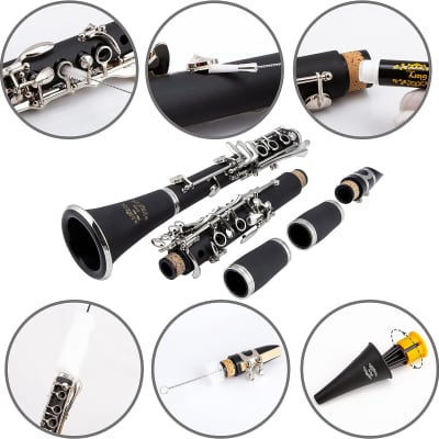Professional Ebonite Bb Clarinet with 10 Reeds, Stand, Hard Case, Cleaning Cloth, Cork Grease, Mouthpiece Brush and Pad Brush, Black image 2