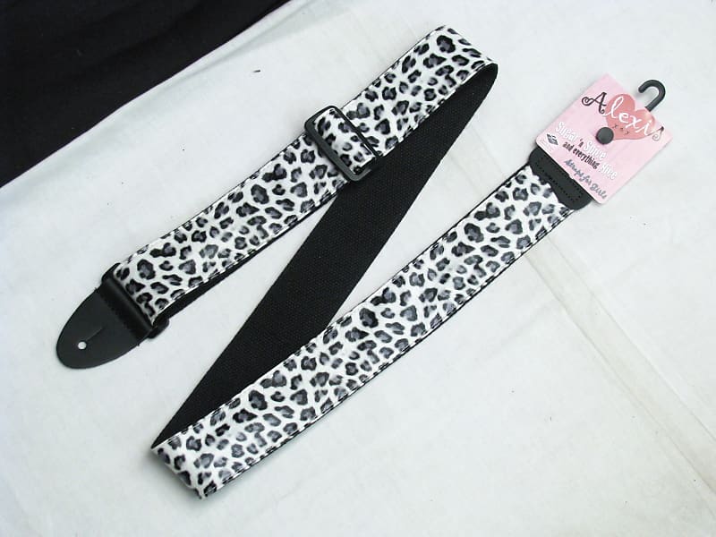 ALEXIS Snow Leopard print GUITAR strap NEW nylon White and Black fur pattern image 1