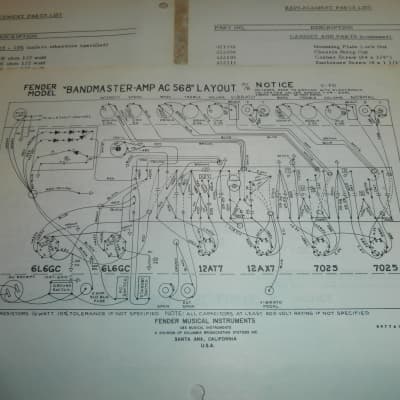 Vintage Early 1970's Fender Bandmaster Replacement Parts List and Schematic! Original Case Candy! image 4