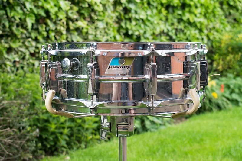 Ludwig No. 400 Supraphonic 5x14" Aluminum Snare Drum with Pointed Blue/Olive Badge 1969 - 1979 image 4