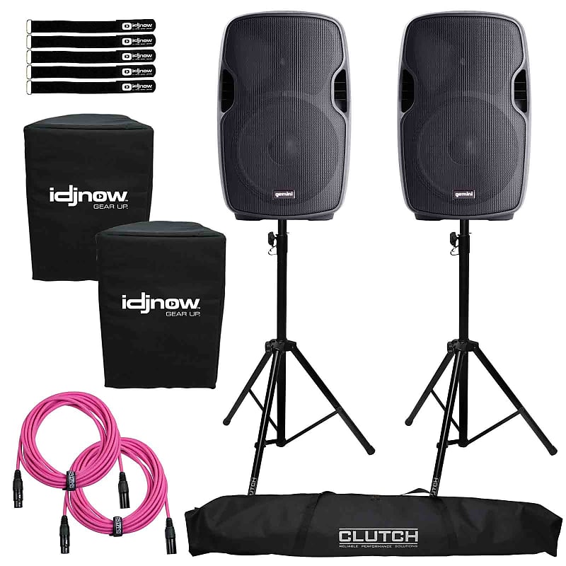 Gemini AS-1500P 15" Powered Bluetooth DJ PA Speakers w Stands & Pink XLR Cables image 1