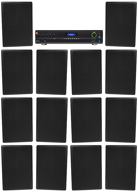 JBL Commercial Amplifier+(14) Slim Black Wall Speakers for Restaurant/Bar/Cafe  			