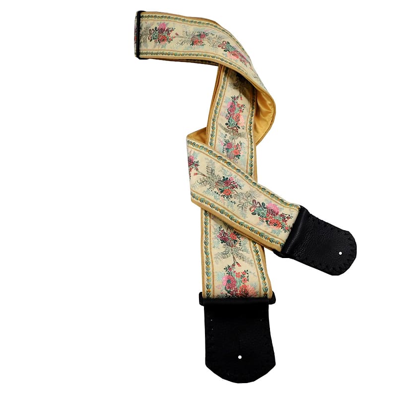 Victorian Floral Jacquard Handmade Guitar Strap in Shades of Cream, Green, and Pink, image 1