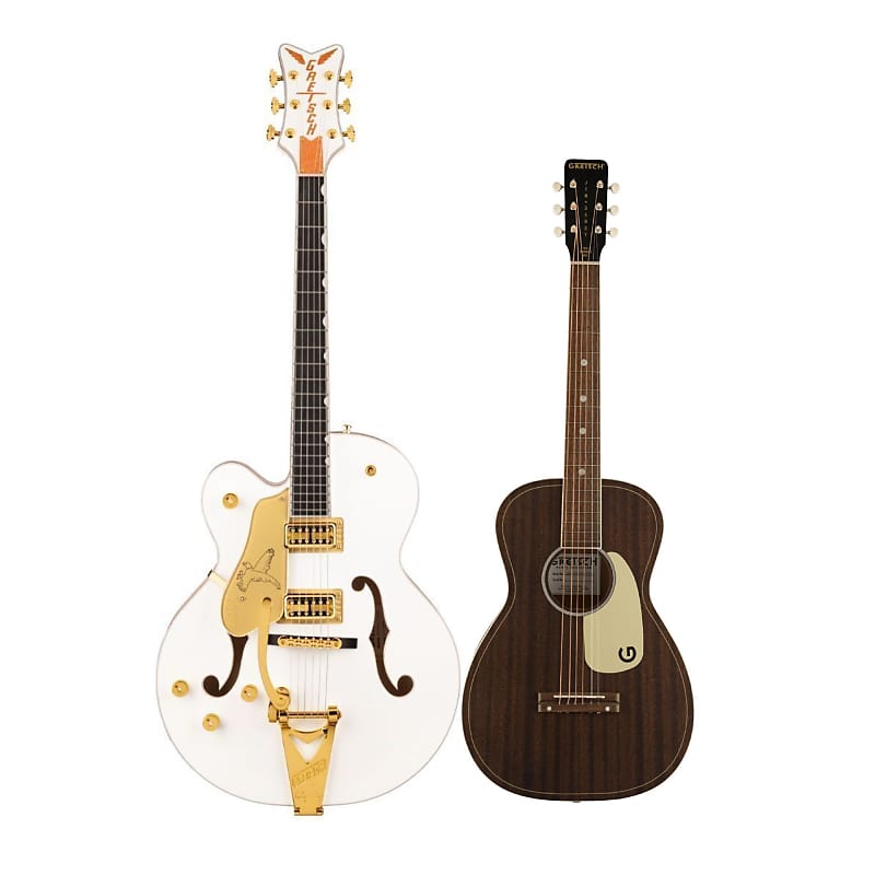 Gretsch G6136TG-LH Players Edition Falcon Hollow Body 6-String Electric Guitar - Left-Handed (White) Bundle with Gretsch G9500 Jim Dandy Acoustic Guitar (Frontier Stain) image 1