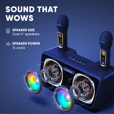 MASINGO Karaoke Machine for Adults and Kids with 2 UHF Wireless Microphones, Portable Bluetooth Singing Speaker, Colorful LED Lights, PA System, Lyrics Display Holder & TV Cable - Presto G2 Blue image 3