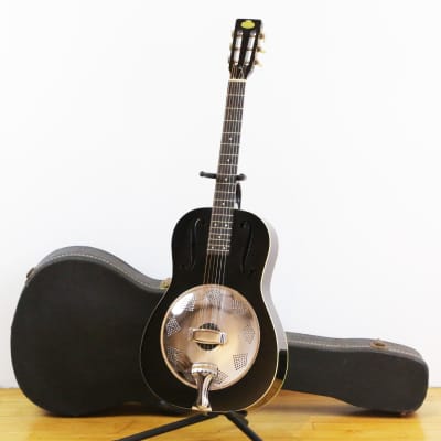 1980s Vintage Regal Resonator Acoustic Guitar Round Neck with F Holes Black & White Binding OHSC image 2