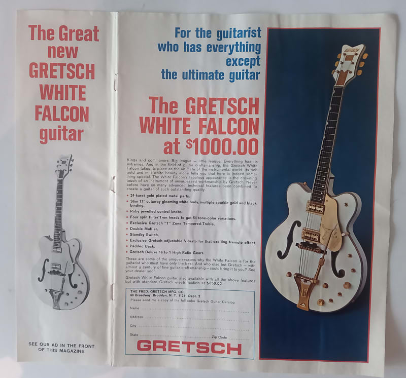 Gretsch WHITE FALCON 1966 VINTAGE FULL PAGE ADVERT BROCHURE image 1
