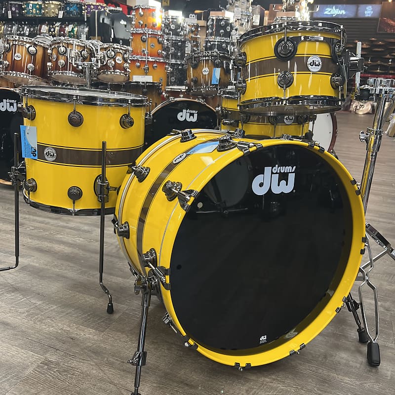 DW Collector's Maple/Mahogany Exotic 4-Pc Shell Pack 12/16/22/14s (Inca  Gold Pearlescent w/ Kandy Black Rally Stripes & Black Nickel Hardware) |  Reverb