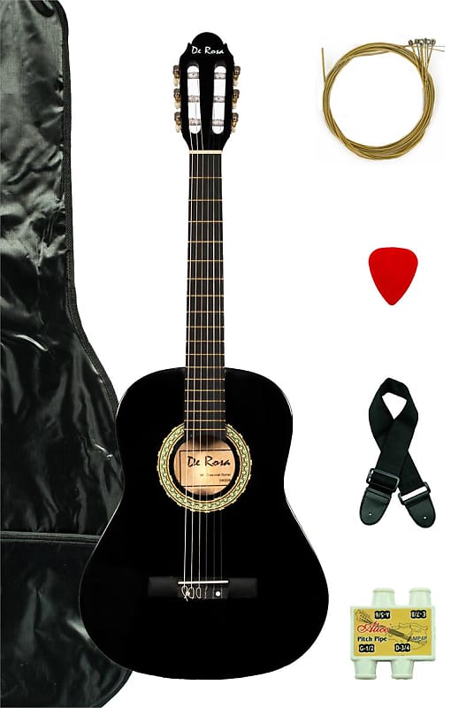 De Rosa DKF36-BK Kids Classical Guitar Outfit Black w/Gig Bag, Strings, Pick, Pitch Pipe & Strap image 1