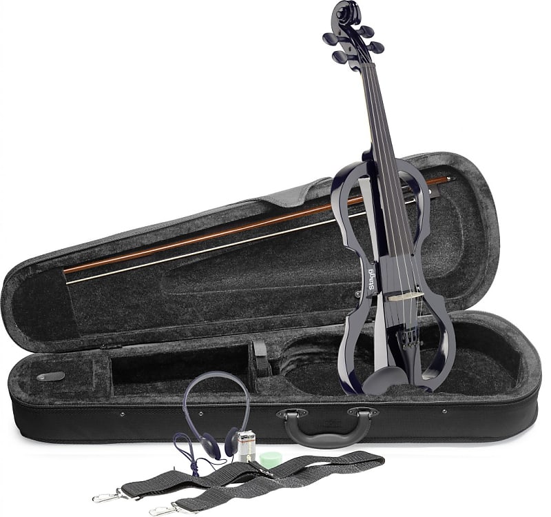 Stagg 4/4 electric violin set w/ metallic black electric violin, soft case & headphones image 1