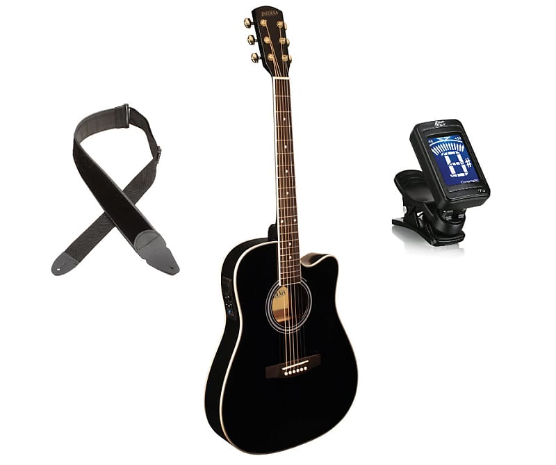 Thin Body Acoustic/Electric Guitar - Black + Tune Tech Chromatic Clip-On  Tuner + LM Crushed Velvet Padded Guitar Strap - Black