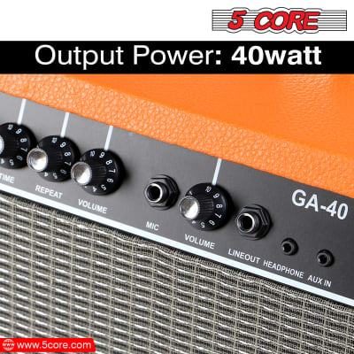 5 Core Electric Guitar Amplifier 40W Solid State Mini Bass Amp w 8” 4-Ohm Speaker EQ Controls Drive Delay ¼” Microphone Input Aux in & Headphone Jack for Studio & Stage for Studio & Stage- GA 40 ORG image 10