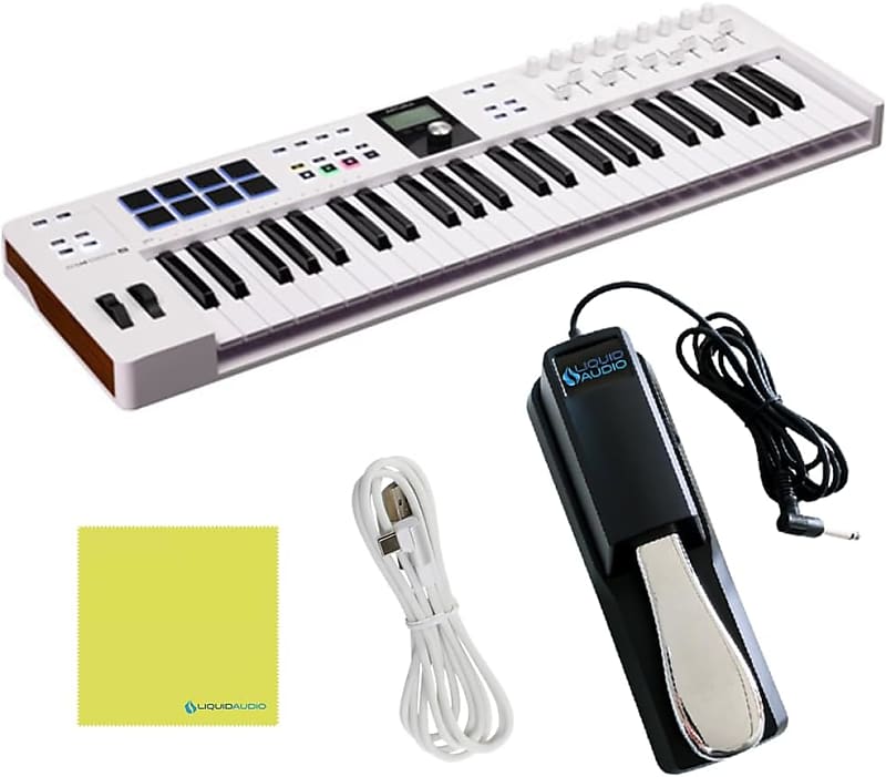 Arturia KeyLab Essential MK3 49 Key Keyboard, MIDI Keyboard Controller Bundle with Sustain Pedal, USB Cable, Polishing Cloth- Music Recording Software Included, MIDI Piano for Home Studio Setup, White image 1
