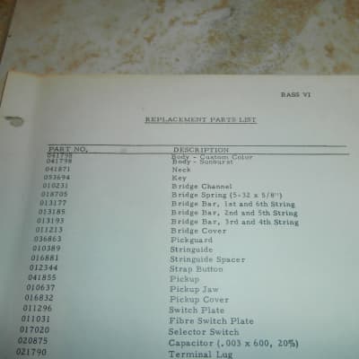 Vintage Early 1970's Fender Bass VI Replacement Parts List & Wiring Diagram! Original Case Candy! image 2
