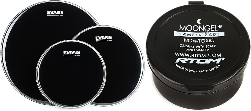 Evans Black Chrome 3-piece Tom Pack - 10/12/16 inch  Bundle with RTOM Moongel Drum Damper Pads - Blue (6-pack) image 1