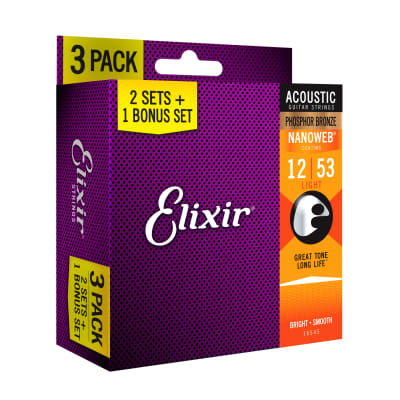 Elixir 3-Pack Light 12-53 Phosphor Bronze Acoustic Guitar Strings w/NANOWEB Coating 16545 for sale