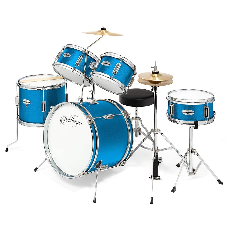 5-Piece Complete Junior Drum Set With Genuine Brass Cymbals - Advanced Beginner Kit With 16" Bass, Adjustable Throne, Cymbals, Hi-Hats, Pedals & Drumsticks - Blue image 1