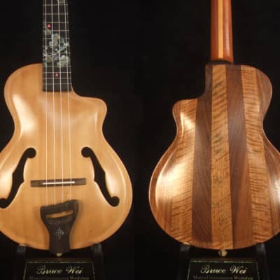 Bruce Wei Carved ARCHTOP Solid Spruce, Curly Maple, Walnut Tenor Ukulele, Floral Inlay UAC17-2037 for sale