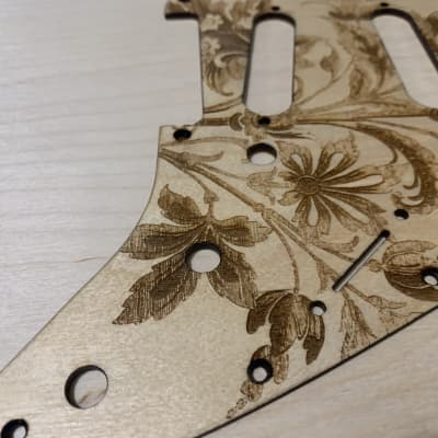 US made antique flower floral satin lacquered laser engraved wood pickguard for Stratocaster image 5